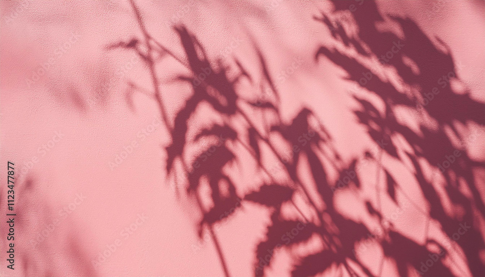 Fototapeta premium ピンク色の壁に映る植物の影の背景