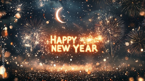 Wallpaper Mural A sparkling night sky with 'Happy New Year 2025' written in glowing stars and surrounded by dazzling fireworks and a crescent moon Torontodigital.ca