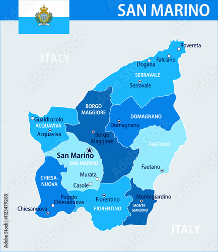 San Marino Map Vector Blue Spot - Customizable layered political map of San Marino with administrative divisions for website, education, reports, news, politics, print, poster and wallpaper