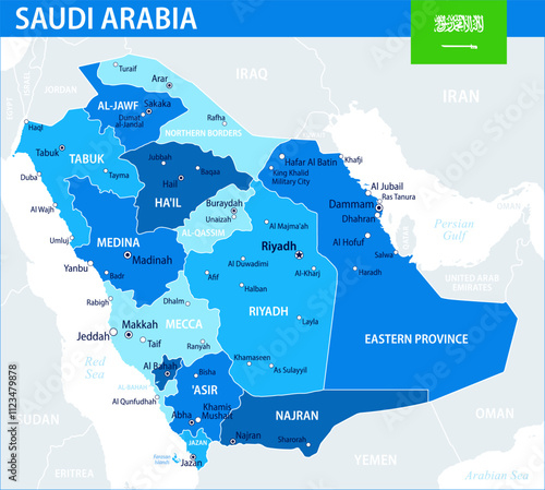 Saudi Arabia Map Vector Blue Spot - Customizable layered political map of Saudi Arabia with administrative divisions for website, education, reports, news, politics, print, poster