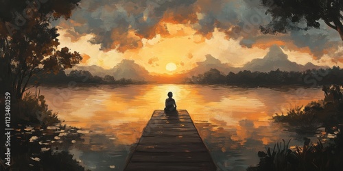 A solitary figure sitting at the end of a dock, the expansive lake reflecting the warm hues of a setting sun, creating a tranquil yet lonely mood