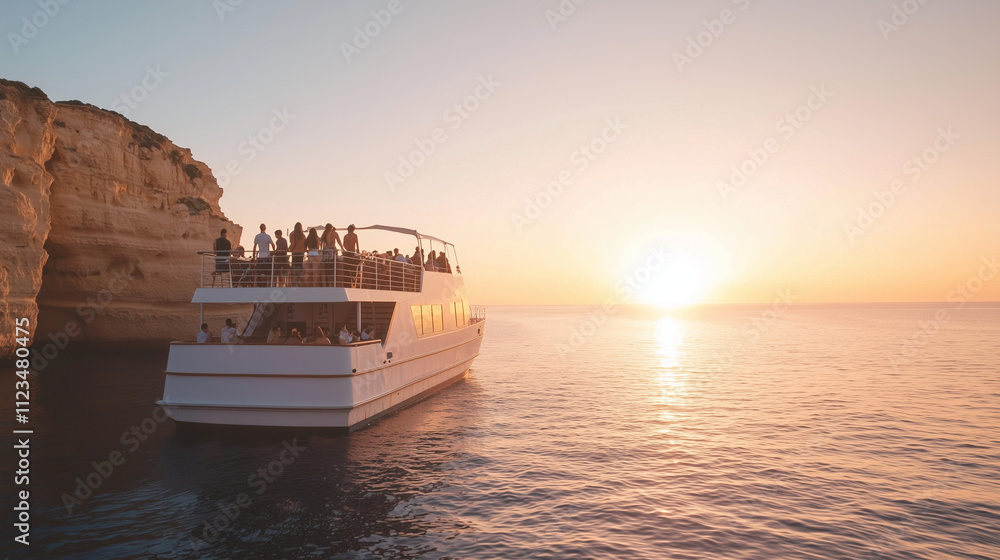 Obraz premium Sunset Cruise Tourists Admiring Coastal Cliffs from Luxurious Boat