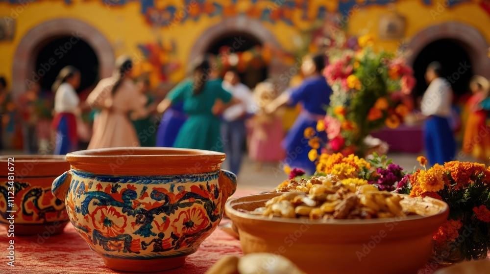 Fototapeta premium Festive table with traditional foods and floral arrangements