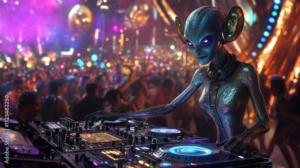 Fototapeta premium Alien DJ performing at vibrant party scene
