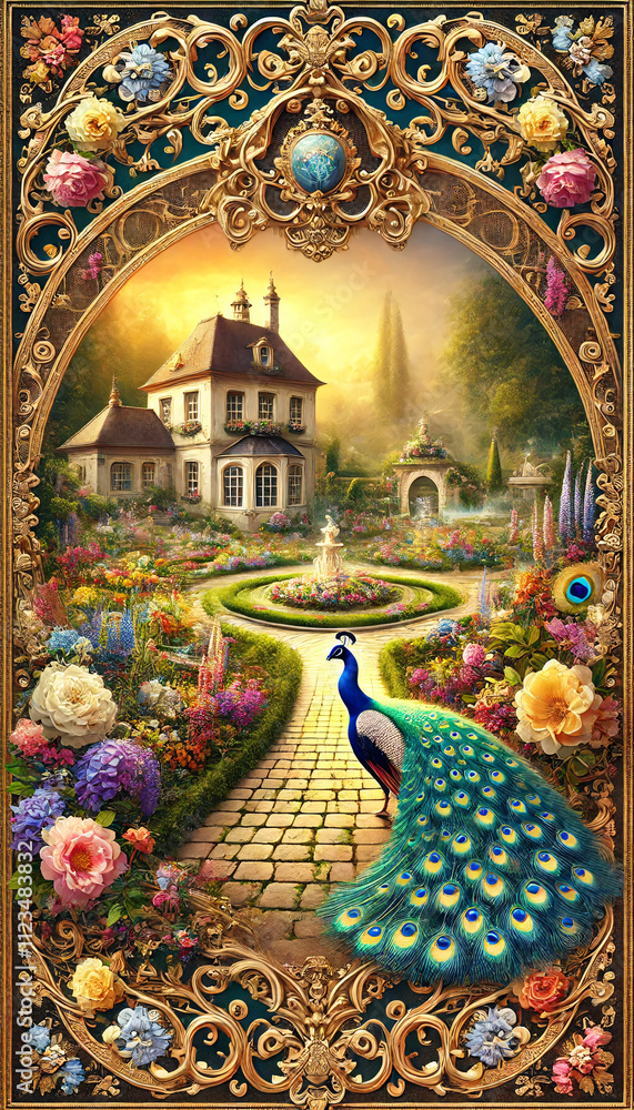 Fototapeta premium Enchanted Garden Manor with Peacock