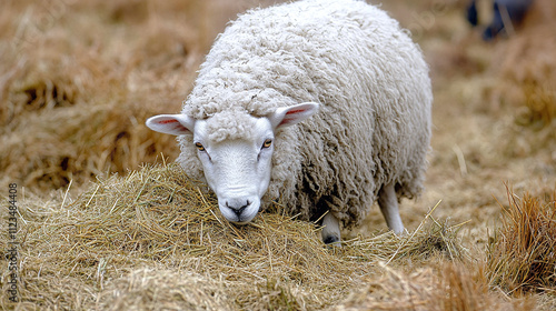 Sheep eating and grazing hay, farm livestock in domestic countryside setting, straw filled agriculture scene with woolly animals, nature mammalian grass eater. photo