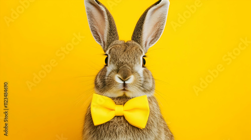 Playful rabbit wearing a bright yellow bowtie against a vibrant bright yellow background, ideal for kids' ads, joyful product promotions, and cheerful poster designs photo