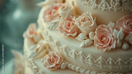 Elegant wedding cake adorned with floral accents, showcasing intricate designs and exquisite details, embodying the artistry of celebratory moments and joyful gatherings.