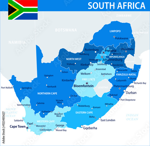 South Africa Map Vector Blue Spot - Customizable layered political map of South Africa with administrative divisions for website, education, reports, news, politics, print, poster