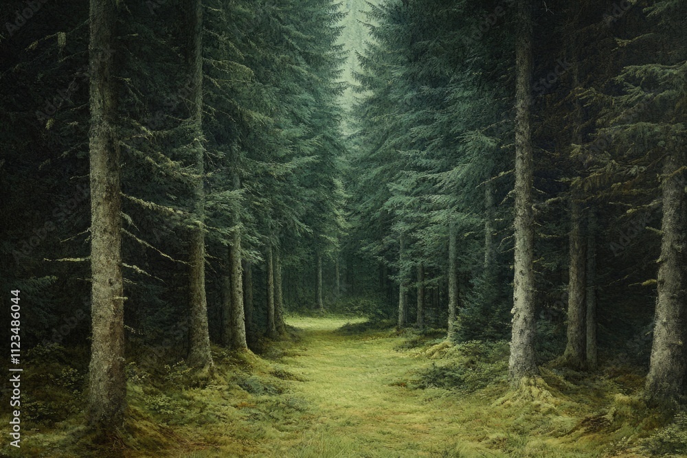 Fototapeta premium Lush Green Canopy: A Sustainable Forest of Old Spruce, Fir, and Pine Trees