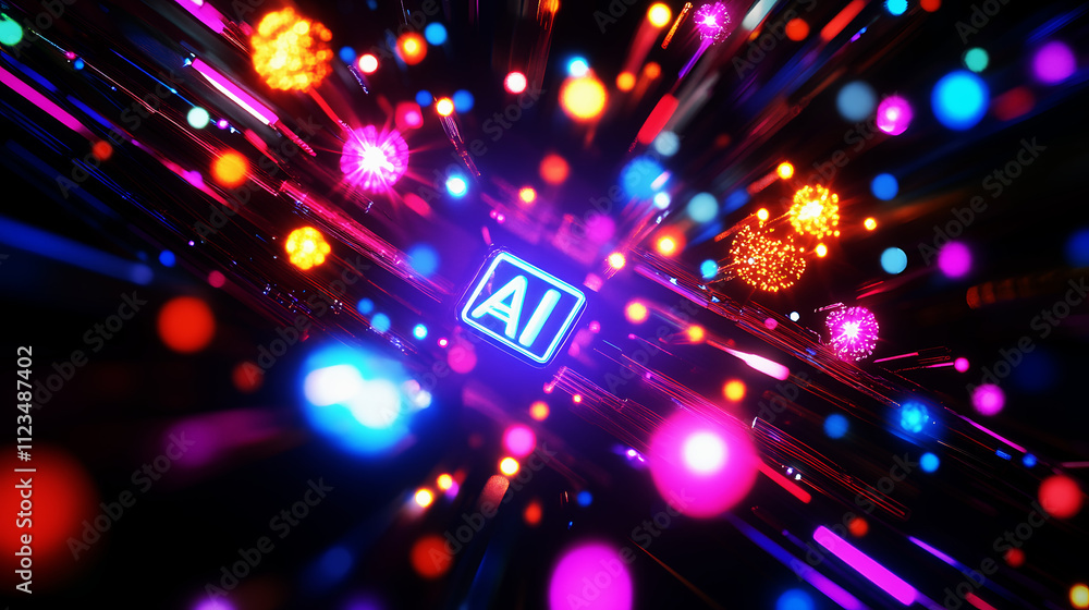 Fototapeta premium Processor surrounded by colorful glowing symbols of AI intelligence