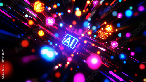 
Processor surrounded by colorful glowing symbols of AI intelligence
