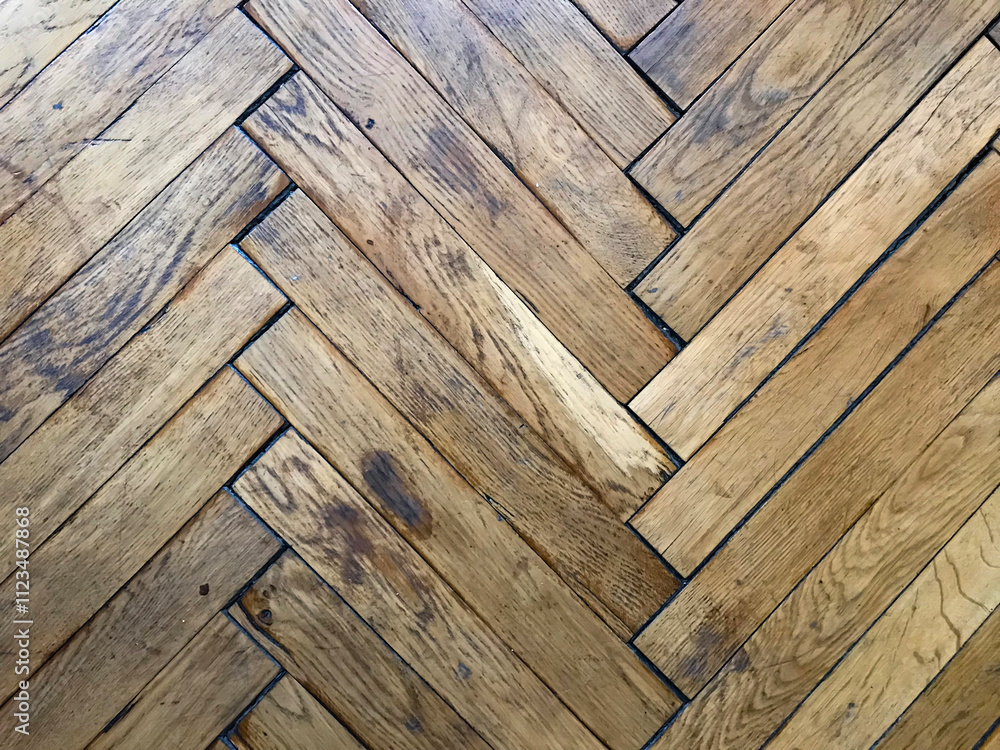Fototapeta premium Texture of old worn herringbone parquet floor, requiring repair, close up