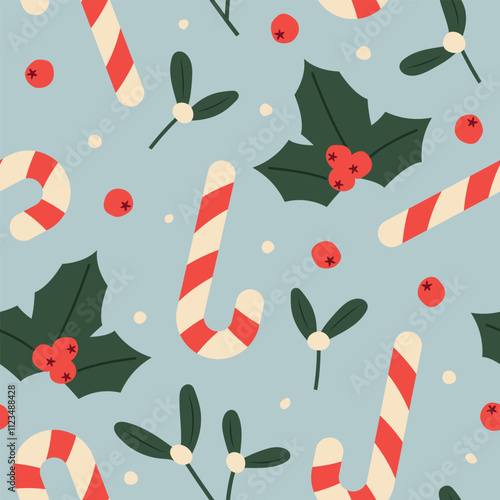 christmas, New Year's Eve seamless pattern with candy canes, mistletoe twigs, holly berries and snow; great for wrapping, greeting cards, social media graphics- vector illustration