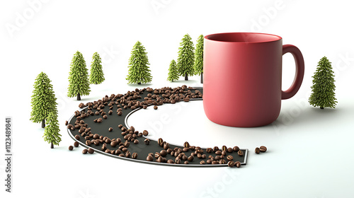 Coffee Journey Through NatureArtistic Display of Beans and Mug on Scenic Pathway photo