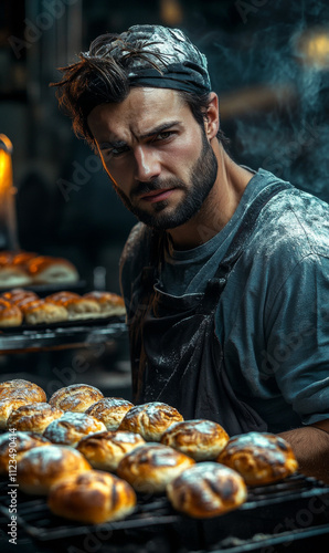 A man is standing in front of a tray of bread, wearing a chef's hat photo