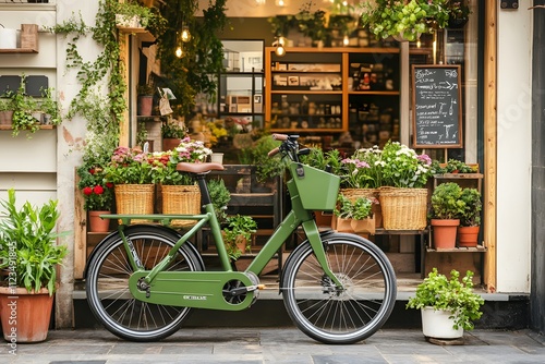 Green Bike Parked by Eco-Friendly Cafe photo