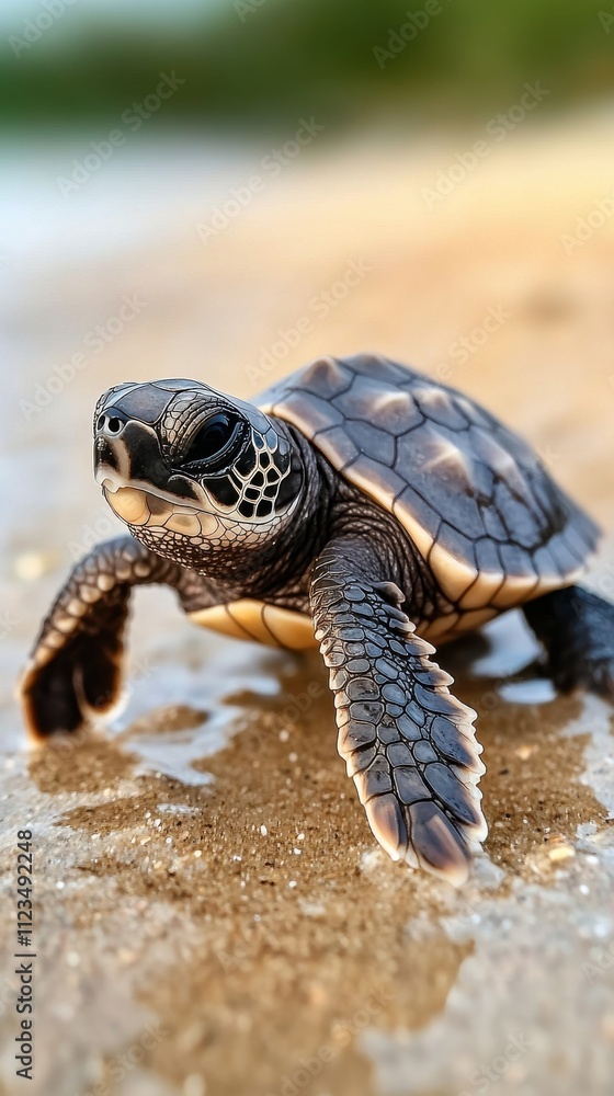 Fototapeta premium Close-up of a Baby Sea Turtle Walking on the Shoreline, Highlighting Its Textured Shell and Beautiful Natural Habitat with Soft Ocean Waves in the Background