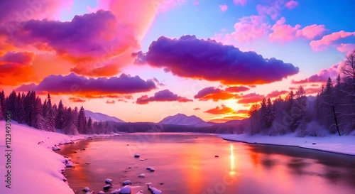 Wallpaper Mural Vibrant Sunset Over Serene Snowy Landscape with Colorful Clouds 4K Torontodigital.ca