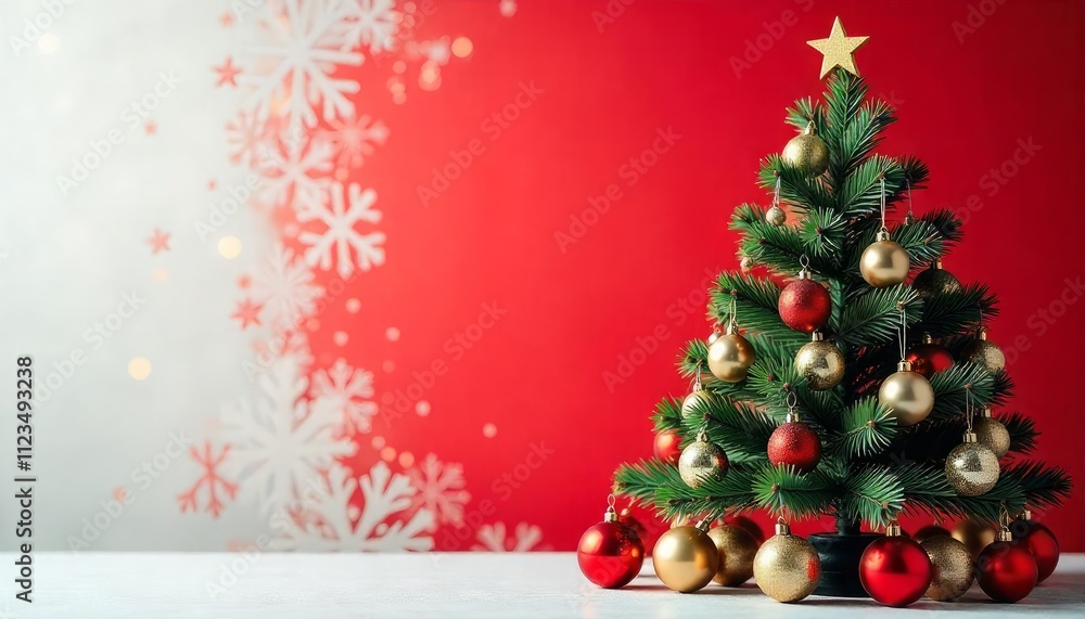 Fototapeta premium christmas tree and decorations with a red and gold ornaments