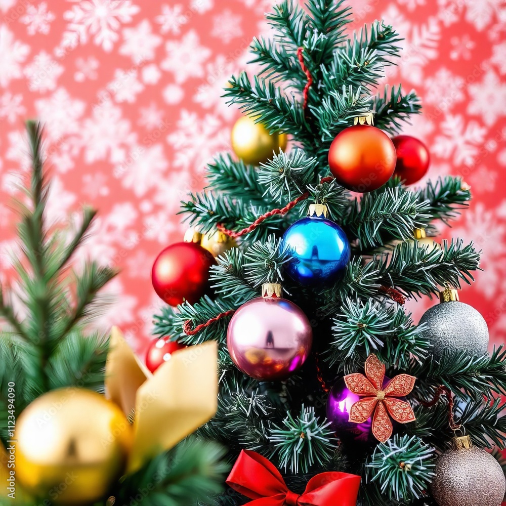 Fototapeta premium christmas tree and decorations with a red and gold ornaments