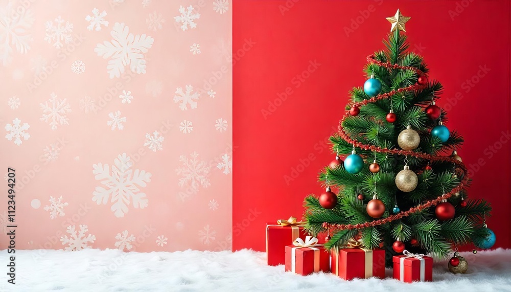 Naklejka premium christmas tree and decorations with a red and gold ornaments