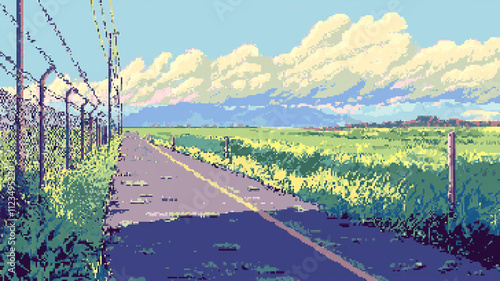 8bits Pixel Art of a Countryside Road with Green Fields photo