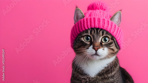 Cute cat wearing a bright pink hat against a vibrant bright pink background, ideal for playful product promotions, trendy fashion ads, and youthful branding concepts photo