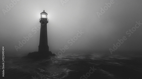 A forgotten lighthouse lost in thick fog, its steady beam guiding unseen travelers.