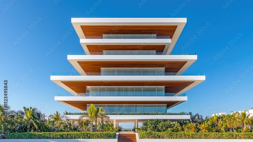 Fototapeta premium An apartment building designed in a contemporary style showcases glass and wood materials, rising amid lush tropical plants under a sunny sky