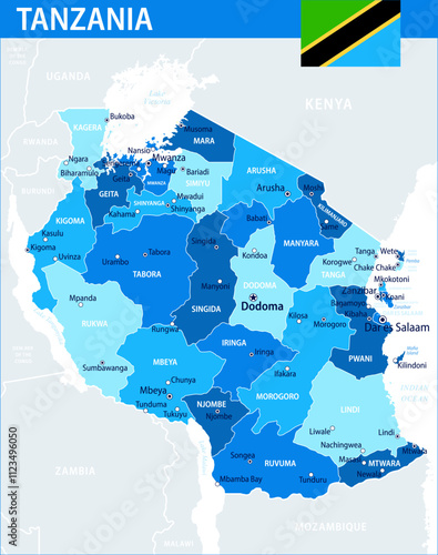 Tanzania Map Vector Blue Spot - Customizable layered political map of Tanzania with administrative divisions for website, education, reports, news, politics, print, poster and wallpaper