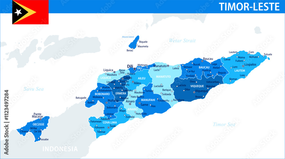 Obraz premium Timor-Leste East Timor Map Vector Blue Spot - Customizable layered political map of Timor-Leste with administrative divisions for website, education, reports, news, politics, print, poster