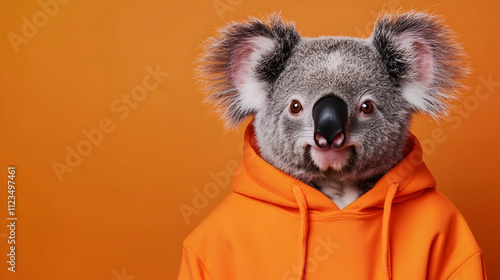 Adorable koala wearing a bright orange hoodie against a vibrant bright orange background, perfect for cozy, playful product promotions and fun branding photo