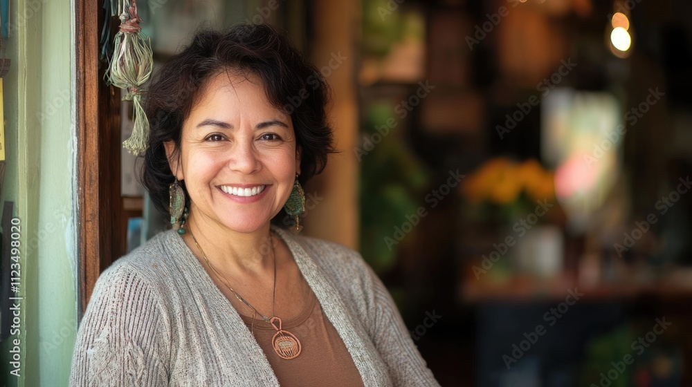 Joyful Small Business Owner at Eatery Entrance Smiling at Camera, Embracing Success with a Mature and Happy Attitude Joyful Small Business Owner at Eatery Entrance Smiling at Camera, Embracing Success with a Mature and Happy Attitude