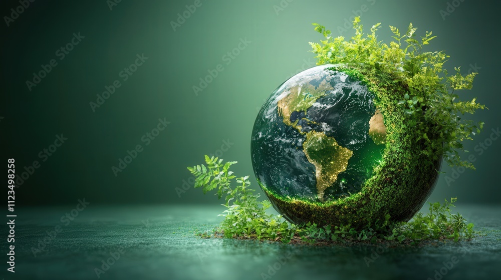Fototapeta premium A globe surrounded by lush greenery, symbolizing environmental sustainability and nature.