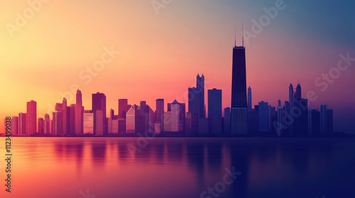 Panoramic View of Chicago Skyline at Sunset with Reflections on Water, Emphasizing Modern Architecture and Vibrant Colors in the Evening Sky