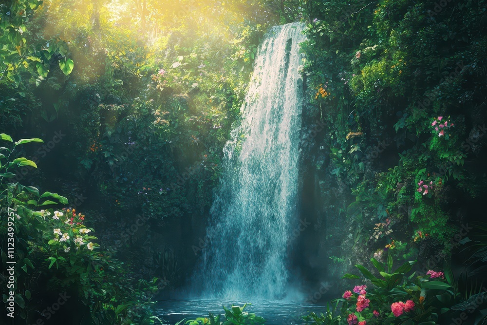 Sunlit Waterfall Cascading Through Lush Rainforest Sunlit Waterfall Cascading Through Lush Rainforest