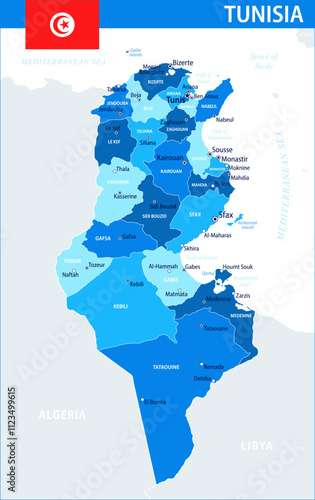 Tunisia Map Vector Blue Spot - Customizable layered political map of Tunisia with administrative divisions for website, education, reports, news, politics, print, poster and wallpaper