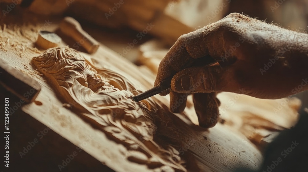 Artisan Wood Carving: Close-Up of Craftsman's Hands Shaping Cedar with Precision Tools on a Workbench Artisan Wood Carving: Close-Up of Craftsman's Hands Shaping Cedar with Precision Tools on a Workbench