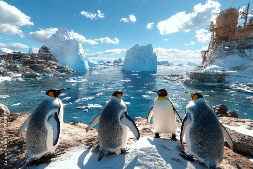 Obraz premium Penguins gather on icy shore overlooking water and icebergs under a bright sky in an Antarctic landscape during daylight hours