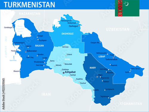 Turkmenistan Map Vector Blue Spot - Customizable layered political map of Turkmenistan with administrative divisions for website, education, reports, news, politics, print, poster