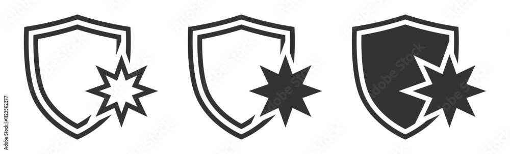 Fototapeta premium Broken shield icons with starburst, three styles, clean vector graphic.