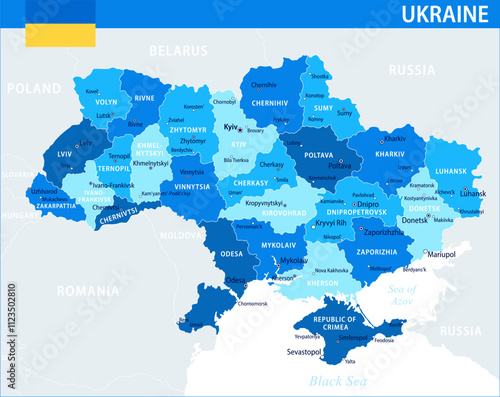 Ukraine Map Vector Blue Spot - Customizable layered political map of Ukraine with administrative divisions for website, education, reports, news, politics, print, poster and wallpaper