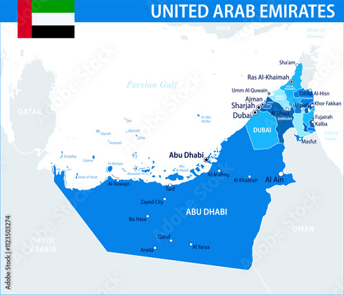 United Arab Emirates Map Vector Blue Spot - Customizable layered political map of UAE with administrative divisions for website, education, reports, news, politics, print, poster and wallpaper