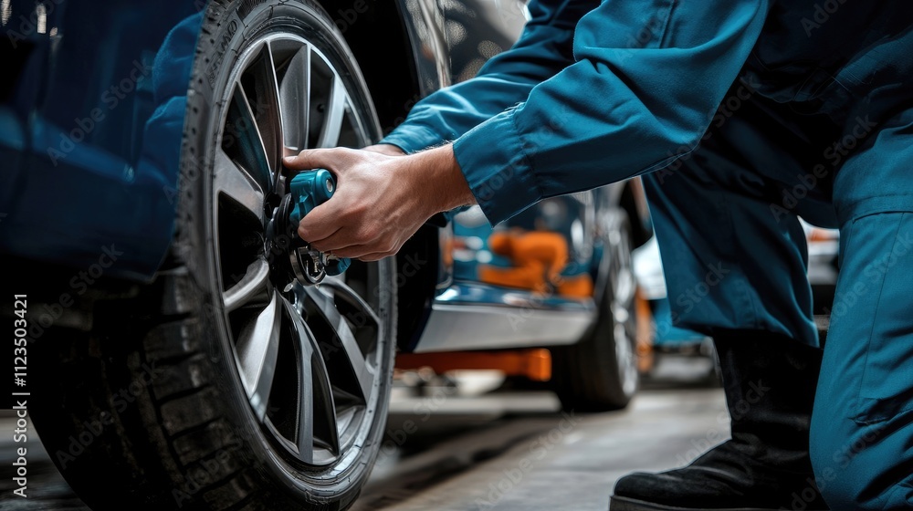 Obraz premium Close-up of a mechanic's hands examining a silver-toned disc brake rotor