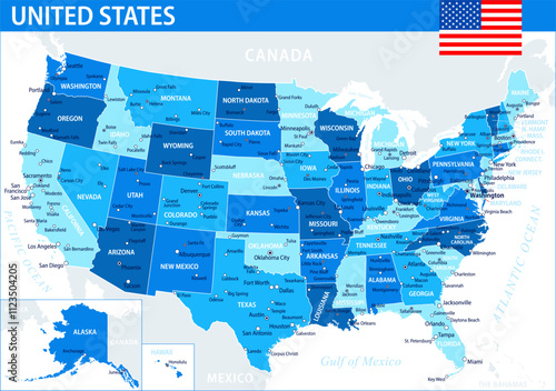 United States Map Vector Blue Spot - Customizable layered political map of United States with administrative divisions for website, education, reports, news, politics, print, poster, wallpaper