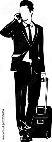 Business man with valise talking on a mobile phone, outline sketchy office worker, man with valise