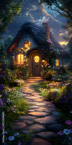 Cabana com telhado de palha em um jardim cheio de flores