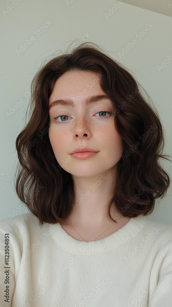 Young caucasian female with brown hair and freckles in white sweater Young caucasian female with brown hair and freckles in white sweater
