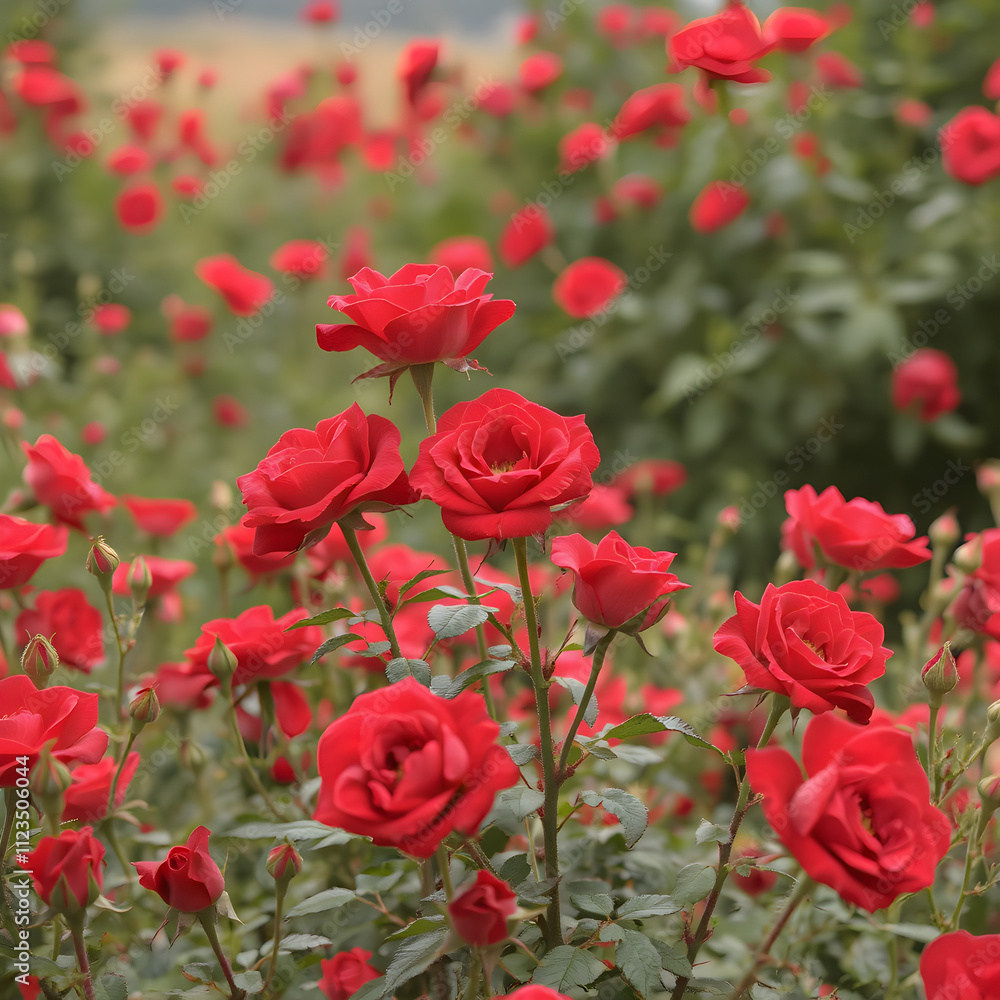 Fototapeta premium Un lindo campo lleno de pequeñas rosas de color ojo,muy bellas